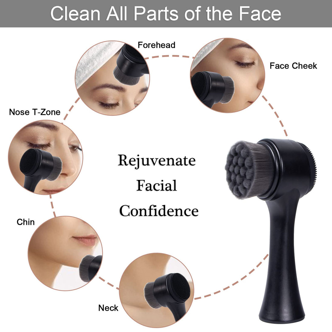 Facial Cleansing Brush 2 in 1, Ooloveminso Face Exfoliating Pore Deep Cleansing Brush, Ultra Fine Soft Bristle Dual Face Wash Brush, Silicone Face Scrubber for Skincare, Black