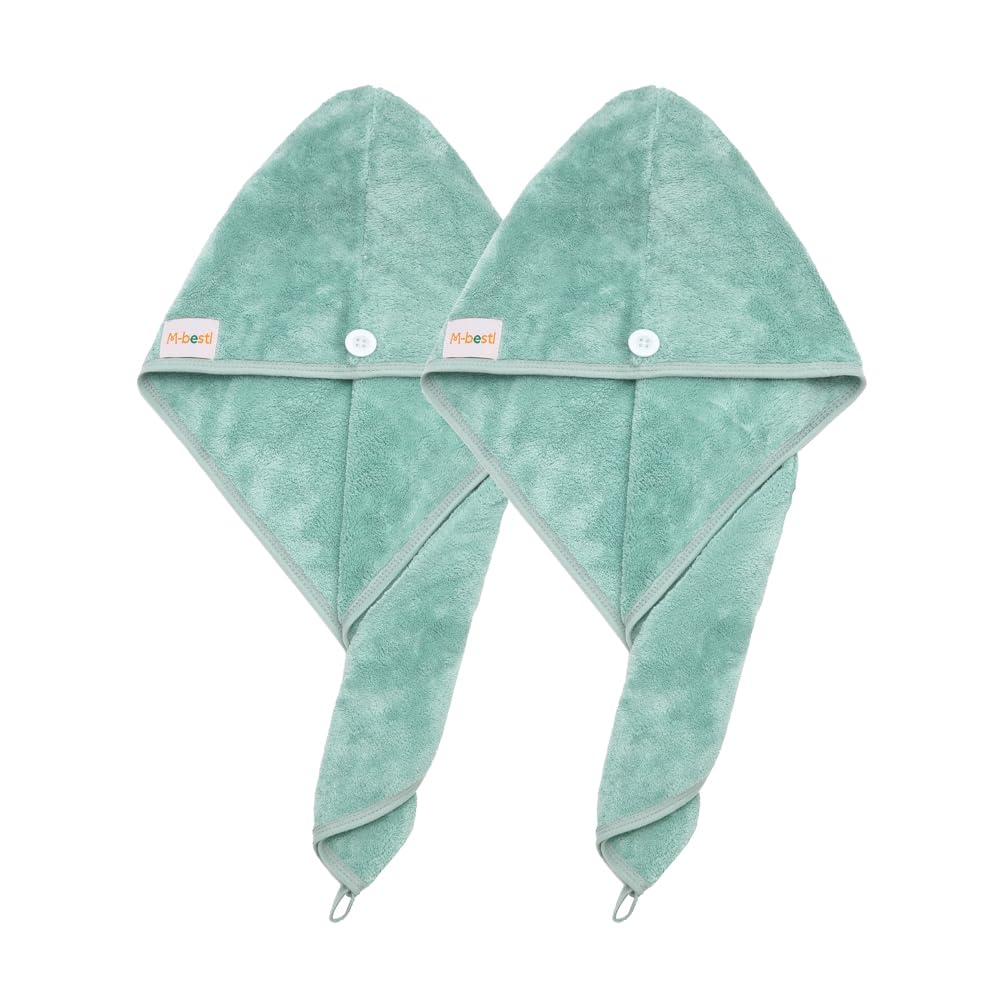 M-bestl 2 Pack Microfiber Hair Towel Wrap,Hair Drying Towel with Button, Hair Towel Turban,Head Towel to Dry Hair Quickly (Green&Green)