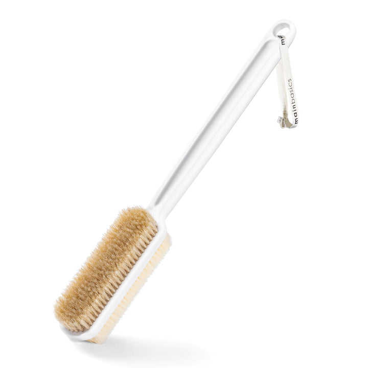 MainBasics Shower Brush Back Scrubber Dual-Sided Body Brush Long Handle with Soft and Stiff Bristles for Dry & Wet Brushing (White)