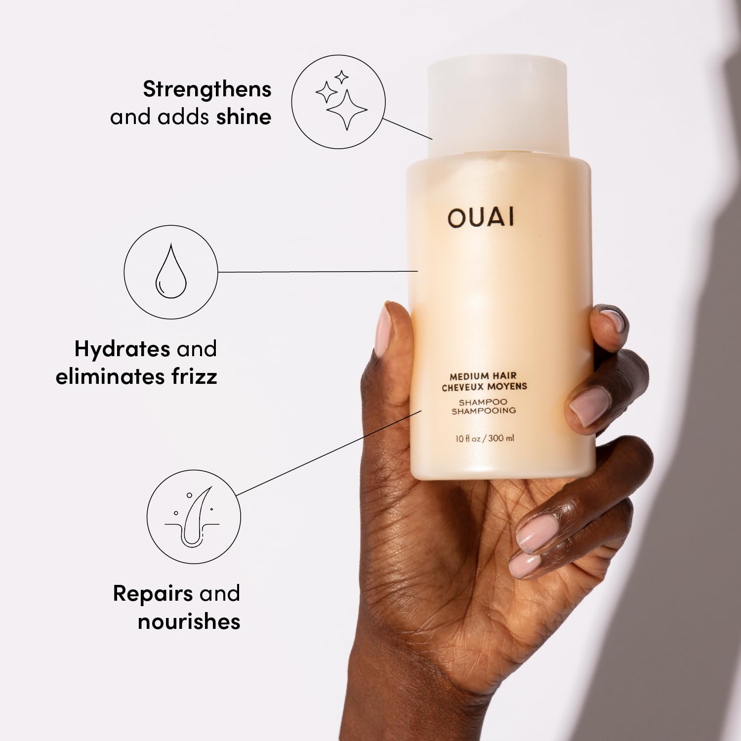 OUAI Medium Shampoo. Super Hydrating Shampoo Nourishes with Babassu and Coconut Oils, Strengthens with Keratin and Adds Shine with Kumquat Extract. No Parabens, Sulfates or Phthalates. 10 oz
