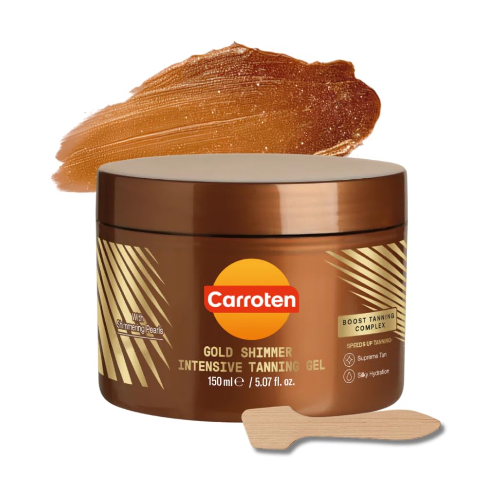 Carroten Gold Shimmer Intensive Tanning Gel | Browning Tan Accelerator | Non-Greasy, Water-Resistant with Carrot and Coconut Oil | Vitamin A & E For Moisture & Hydration | 5 Fl Oz + Spatula