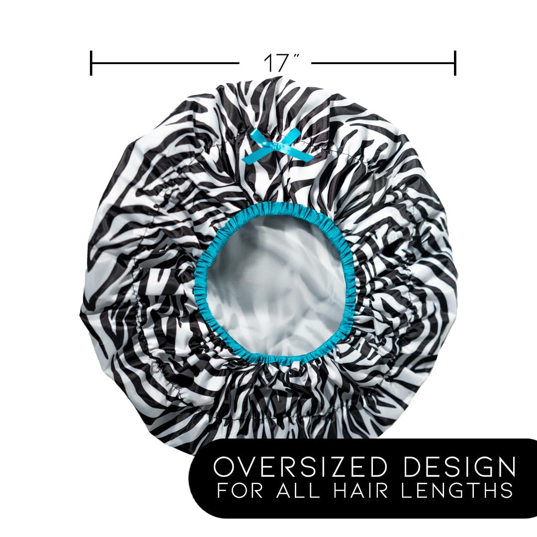Reusable Shower Cap & Bath Cap & Lined, Oversized Waterproof Shower Caps Large Designed for all Hair Lengths with PEVA Lining & Elastic Band Stretch Hem Hair Hat - Fashionista Sassy Stripes