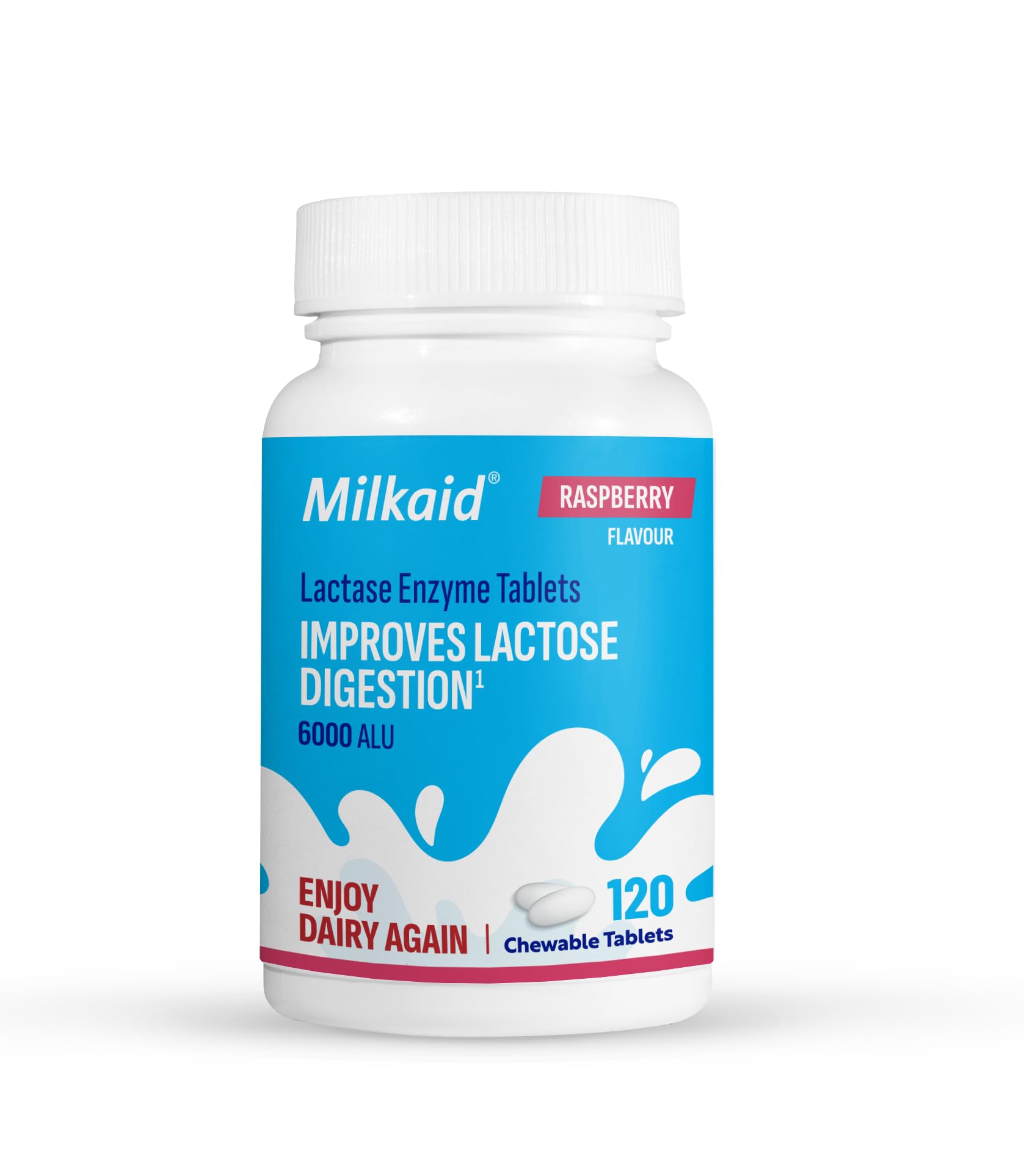 Milkaid Lactase Enzyme Chewable Tablets for Lactose Intolerance Relief | Prevents Gas, Bloating & Diarrhea | Fast Acting Dairy Digestive Supplement (120 Tablets, Raspberry)