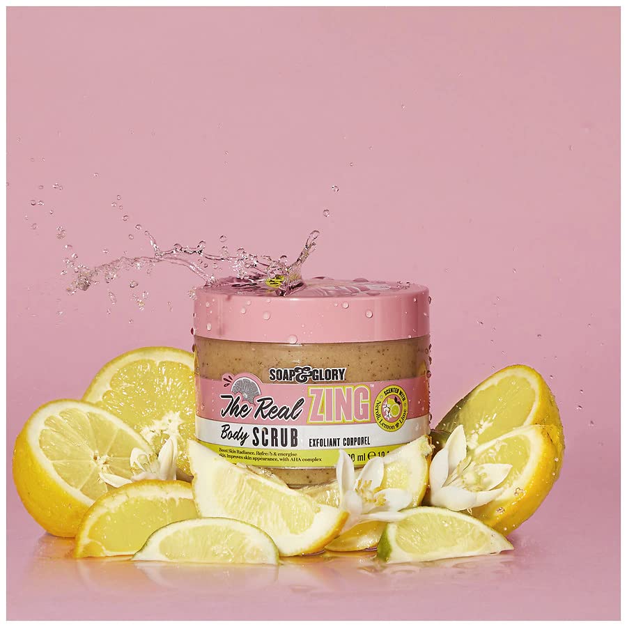 Soap & Glory The Real Zing Body Scrub - Smoothing & Buffing Sugar Scrub - Lemon Citrus Scented Body Polish - Skin Brightening Sea Salt Scrub (300ml)