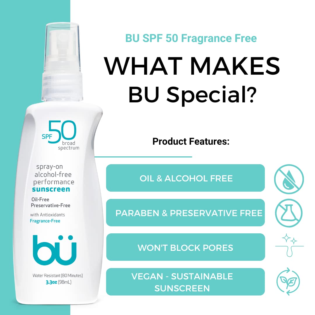 Sunscreen Spray SPF 50 by Bu - Travel Size Organic Biodegradable Sun Block for Sensitive Skin - Oil-Free, Alcohol-Free, Non Comedogenic, Water-Resistant (3.3 Ounce)