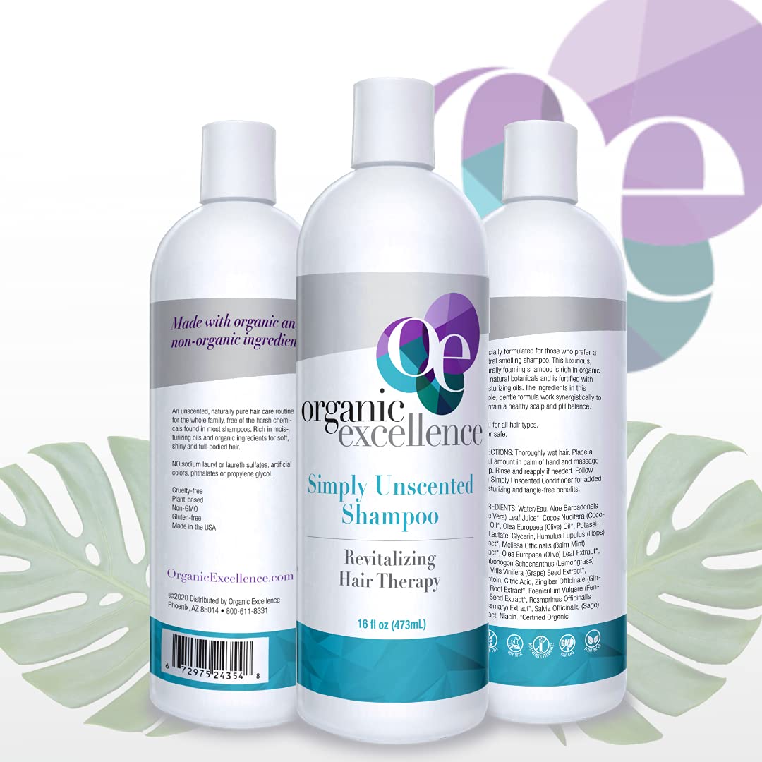 Organic Excellence All Natural Chemical-Free Shampoo | Non-Toxic, Sulfate-Free, Paraben-Free, Fragrance-Free for Men, Women, and Kids - Color-safe 16 fl oz (473 ml)