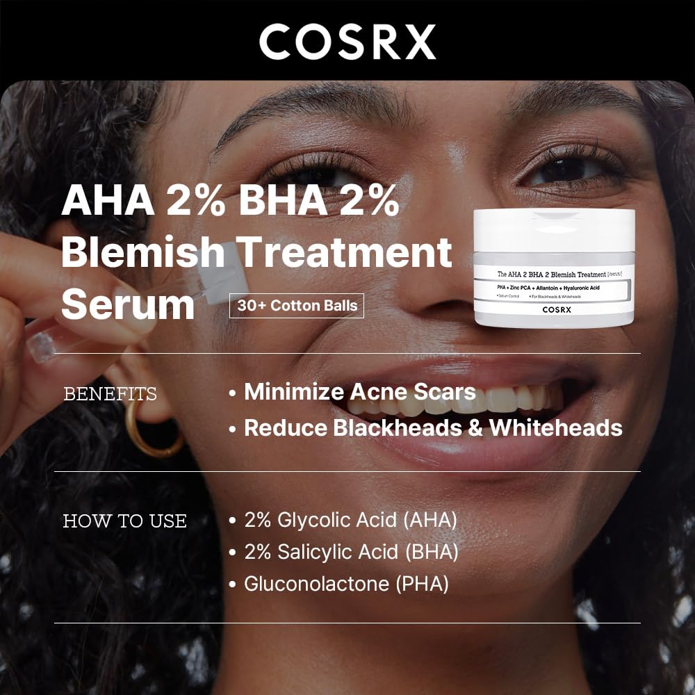 COSRX AHA 2% BHA 2% Blemish Treatment Serum, 60+ Pure Cotton Balls, Quick & Easy Daily Spot Treatment, Blackheads & Whiteheads, Sebum Control, Paraben Free, Phthalates Free, Korean Skin Care