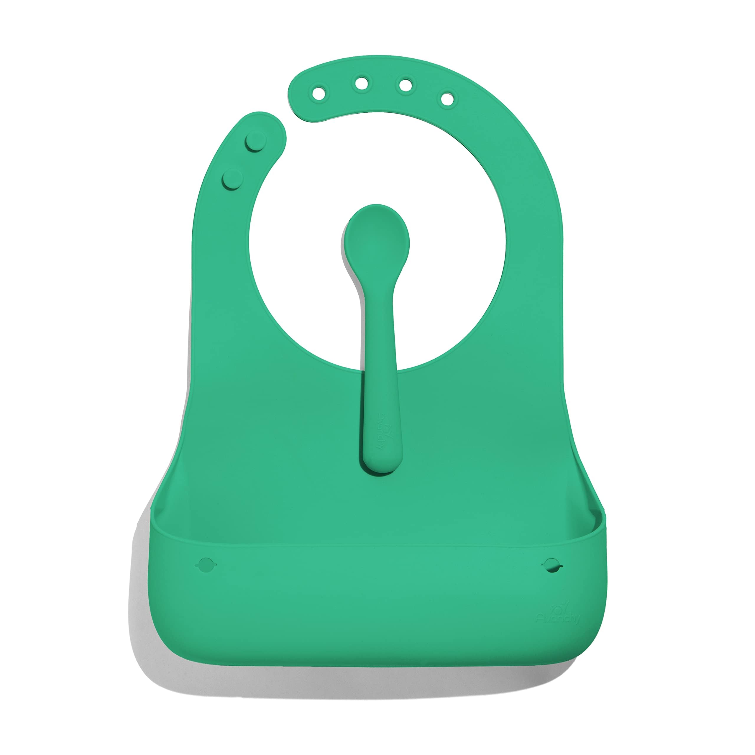 Avanchy Silicone Baby Bibs, Waterproof, Adjustable, BPA Free, Soft Unisex Set for Toddlers with Matching Spoon, Green