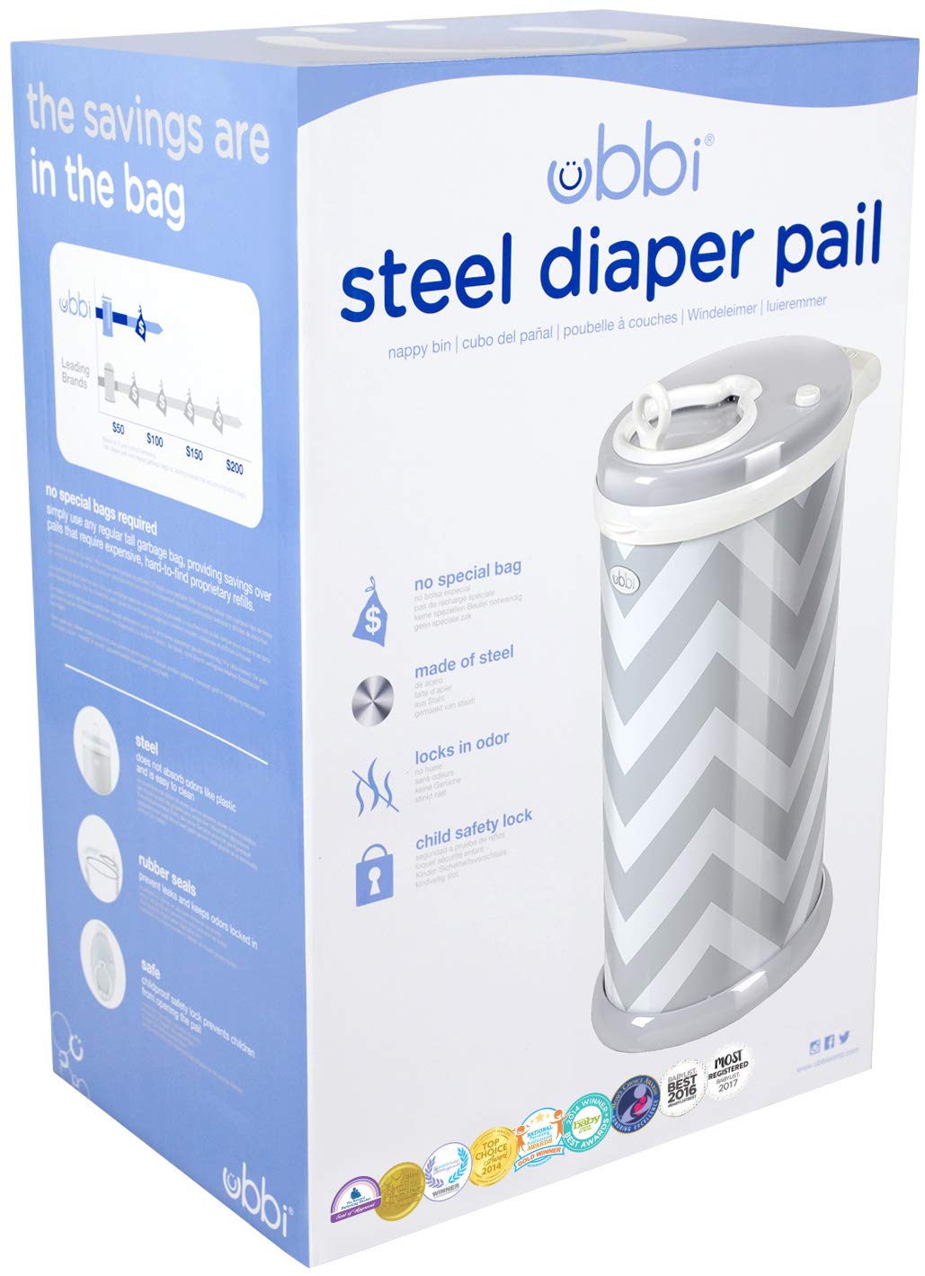 Ubbi Steel Diaper Pail, Gray Chevron (Discont.)