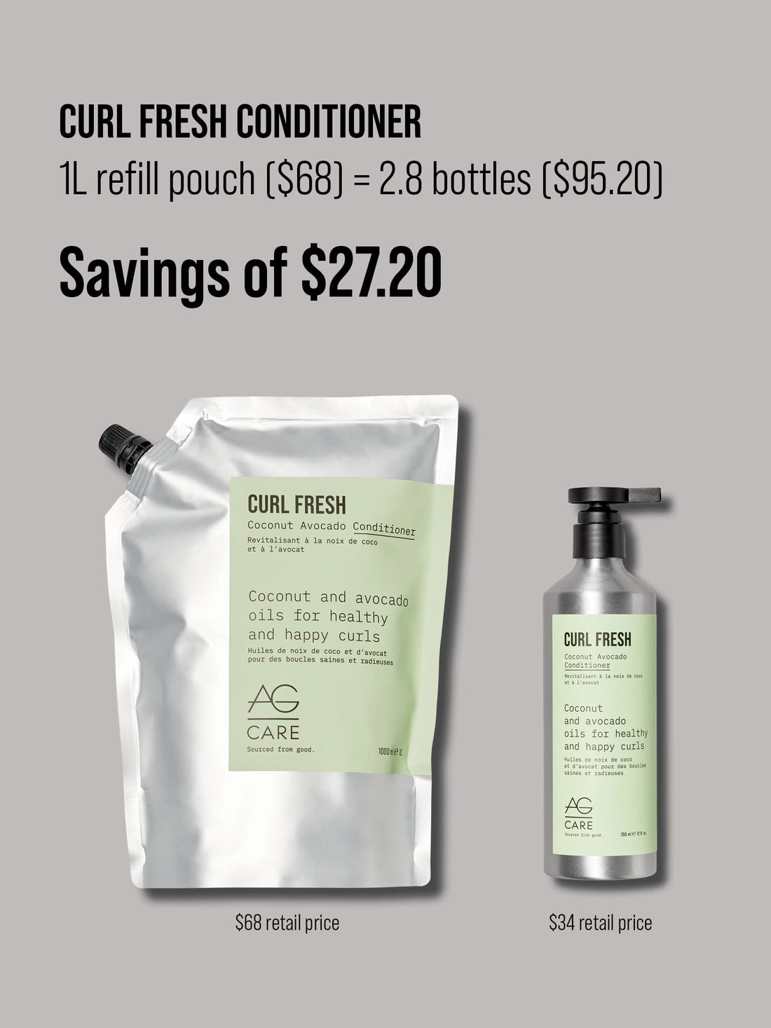 AG Care Curl Fresh Coconut Avocado Conditioner, 33.8 Fl Oz