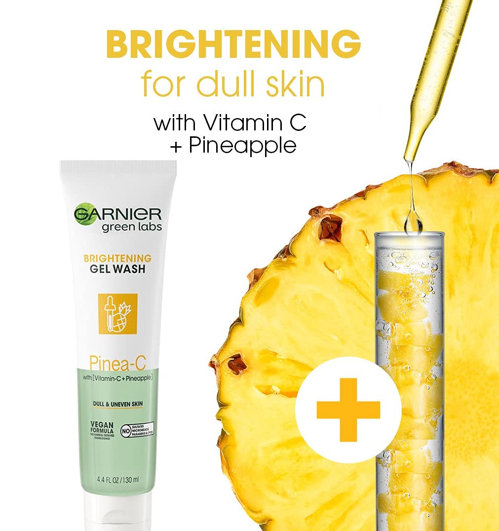 Garnier SkinActive Green Labs Pinea-C Brightening Gel Washable Cleanser with Vitamin C and Pineapple for Dull and Uneven Skin, 4.4 Fl Oz (Packaging May Vary)