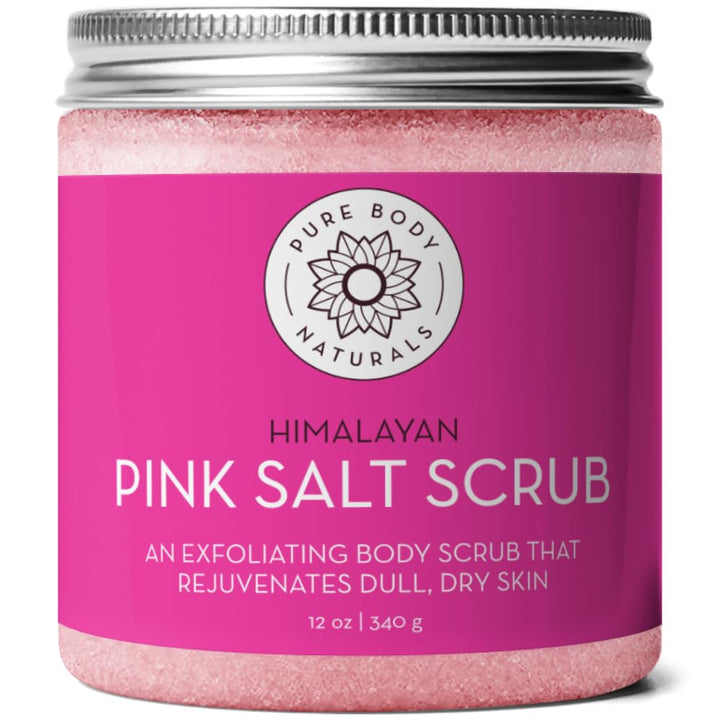 Pure Body Naturals Himalayan Salt Scrub, 12 ounces | Natural Face, Body, Hand, Foot and Skin Exfoliator | Facial Exfoliating Pink Salt with Sweet Almond Oil, Jojoba Oil, Vitamin E, and Aloe Vera