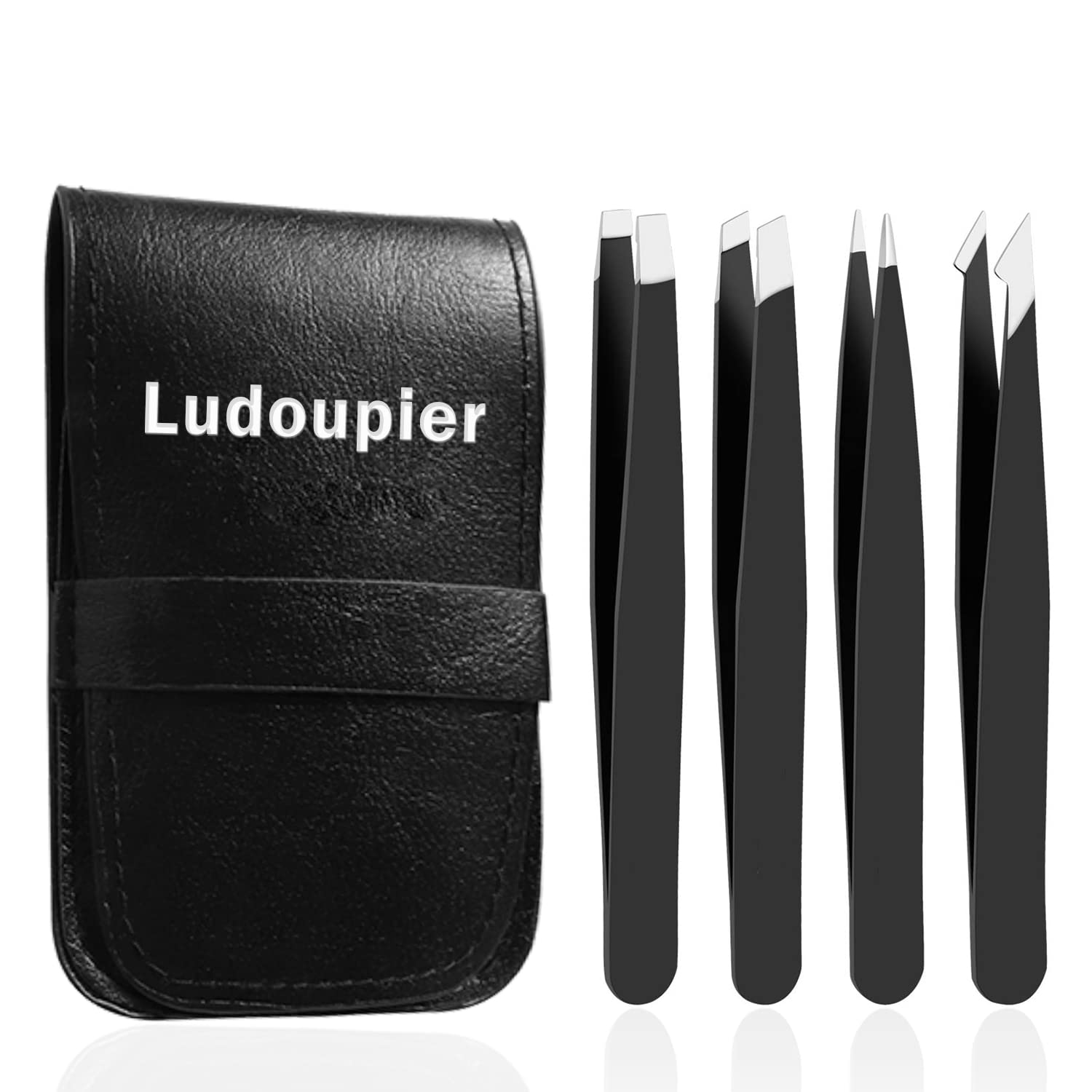 LUDOUPIER [4+1 Pieces] Tweezers Set with Travel Case, Great Precision Upgrade Professional Anti-rust Alloy Tweezers for Women & Men Multi-purpose as Eyebrows Facial Hair Ingrown Hair Removal