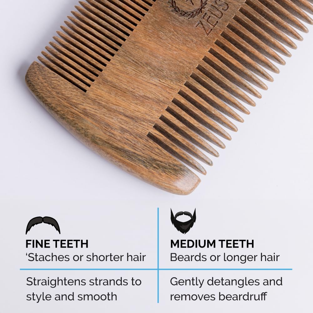 Zeus Organic Sandalwood Double-Sided Beard Comb with Leather Sheath!