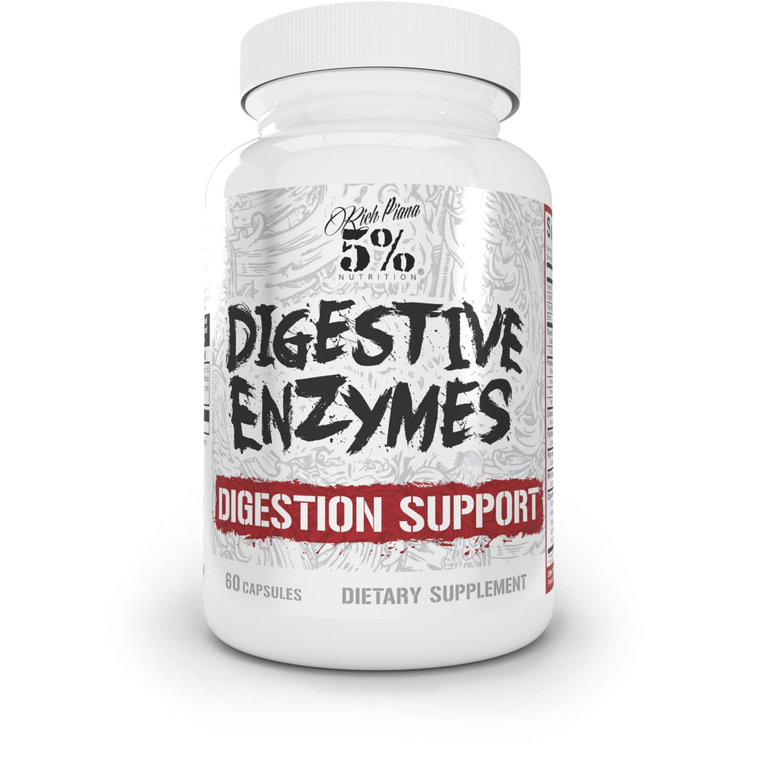 5% Nutrition Rich Piana Digestive Enzymes w/Vitamin B Complex | Enzymes for Protein, Carb, Fat, Fiber & Lactose Breakdown | Betaine, Bromelain, Papain (Papaya), Lipase, Lactase, 60 Veg Caps (30 Svgs)