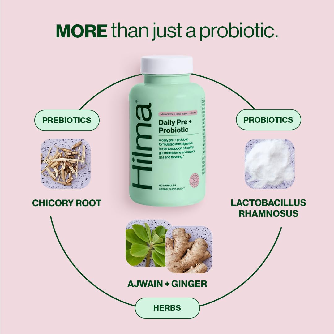 Hilma Pre and Probiotic with Herbs - Support Gut Health with Prebiotics and Probiotics, Plus Gas and Bloating Relief for Women & Men, 60 Vegan Capsules