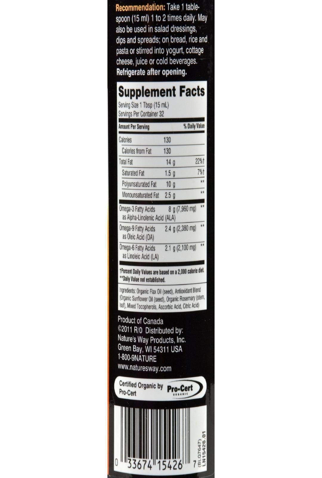 Nature's Way Organic Flax Oil, USDA Certified Organic, Omega-3, 6, 9, Cold Pressed, 16 Fl Oz (Packaging May Vary)