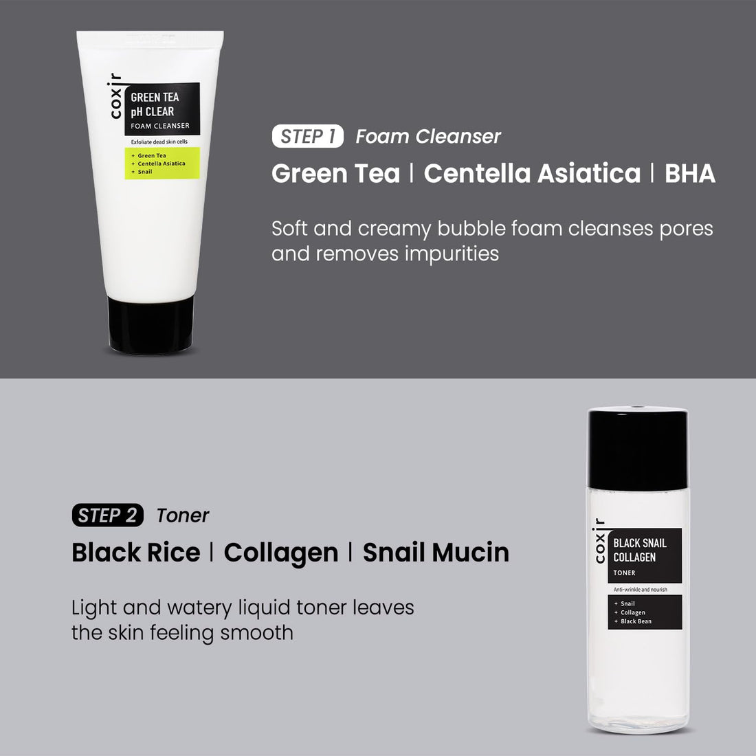coxir BLACK SNAIL COLLAGEN STARTER KIT l Repairing&Firming | Black-3-Complex: Black Rice, Bean, Sesame, Snail Mucin, Collagen FOAM CLEANSER+TONER+SERUM+CREAM [3.19 fl.oz (Pack of 1)]