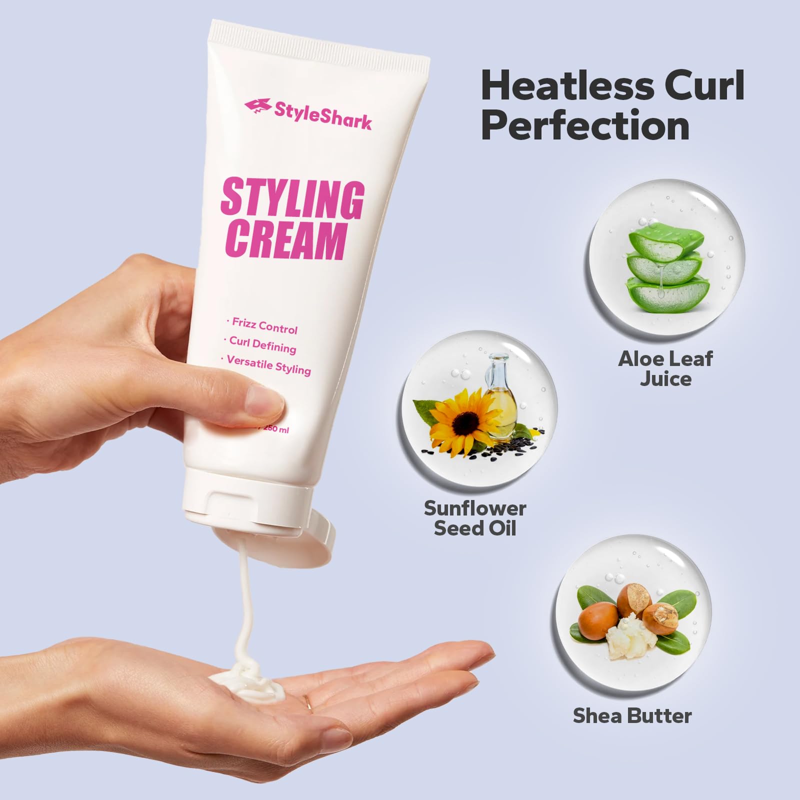StyleShark 3 in 1 Styling Cream (250ml), Ultimate Curl Cream for Curly & Wavy Hair, Anti-Frizz, Curl Defining & Smoothing, Hair Care Essentials for Frizz Control, Heatless Curls, Slick Back Styles