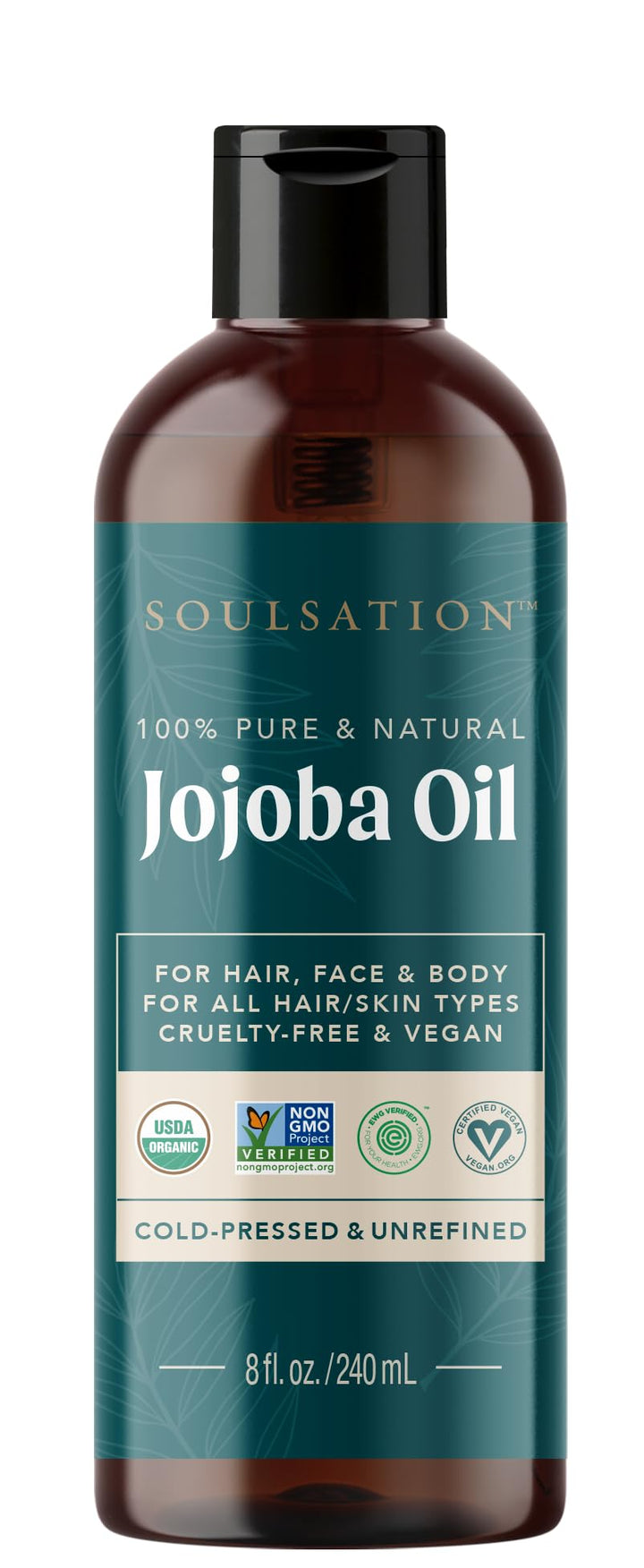 SOULSATION Organic Jojoba Oil for Skin, Hair & Face (8oz) | 100% Pure, Natural Cold Pressed