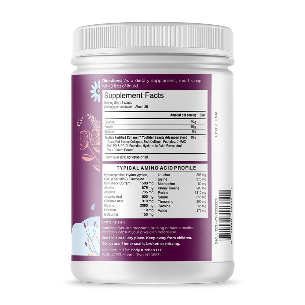 Body Kitchen Youthful Beauty Advanced, Collagen Peptides Powder for Beautiful Hair Skin Nails, Resveratrol and Hyaluronic Acid for Anti-Aging & Antioxidant Support, Grass Fed (Pack of 1)