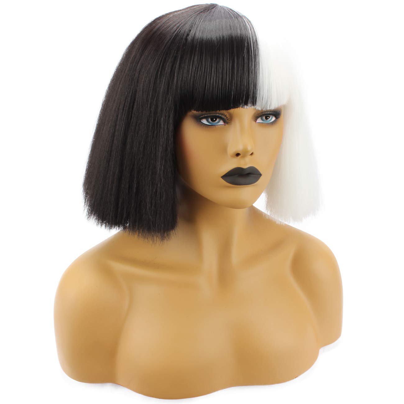 WeKen Halloween Wig Women Short Bob Kinky Straight Full Bangs Synthetic Black and White by WeKen