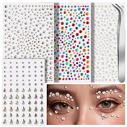 Teenitor Self Adhesive Face Gems and Pearls for Makeup, Festival Jewels, Hair Gems, Rhinestone Stickers for Face, Eye, Makeup, Body