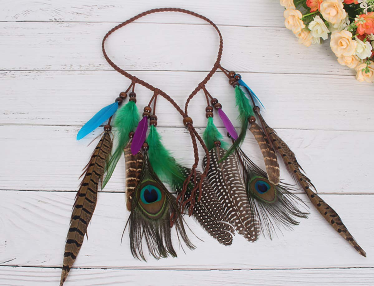 Fodattm C# : Set Of 2 Bohemian Peacock Feather Headband Headdress And Armband Hippie Headwear Headpiece Handmade Tribal Indian Fascinator Feather Hairband Hair Accessories For Girls Women