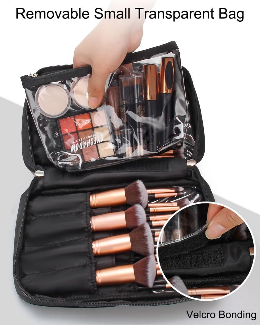 Makeup Brush Bag, Makeup Brush Organizer Cosmetic Bags Makeup Artist Case with Belt Strap Holder Multi functional Cosmetic Bag Makeup Handbag for Travel & Home Gift (Black)