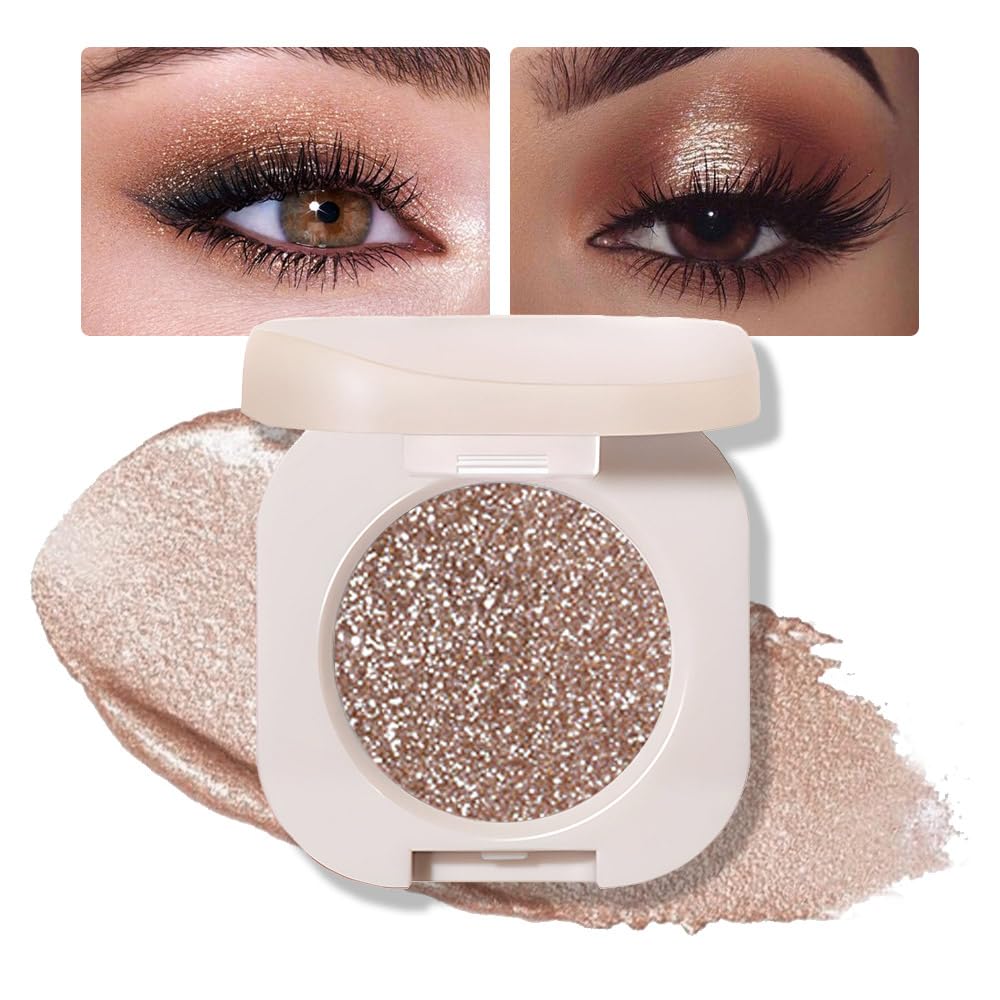Single Nude Gold Brown Shimmer Eyeshadow,Bright High Pigment Intense Monochrome Eye Shadow,Apply Makeup Easily,Glitter Pressed Powder Single Eyeshadow,24 Hour Eye Makeup Longwear Waterproof,Blendable