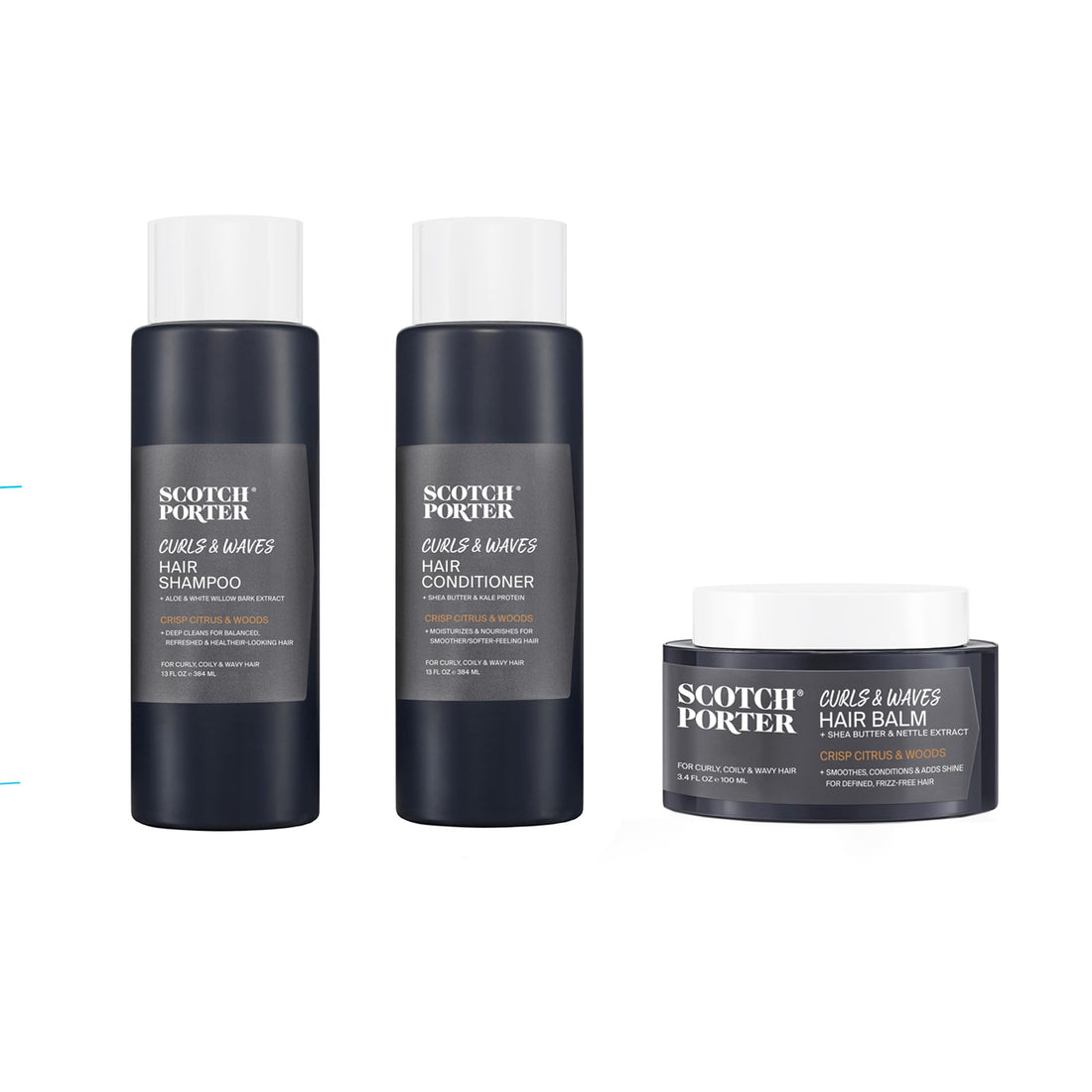 Scotch Porter Men's Hair Care Kit for Curly & Wavy Hair – Includes Shampoo, Conditioner & Hair Balm – Crisp Citrus & Woods Scent