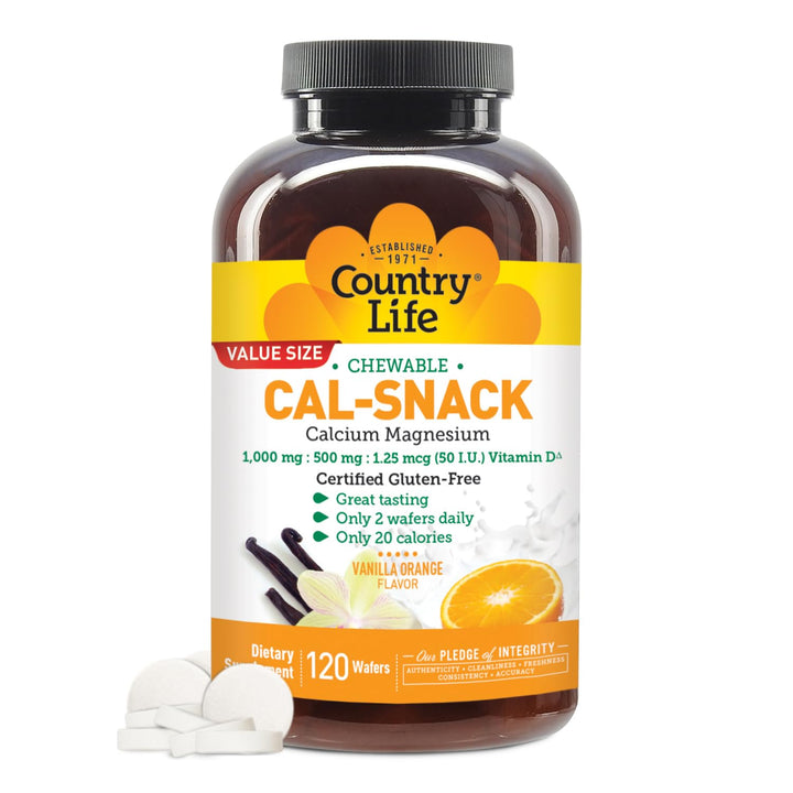 Country Life Cal-Snack - Chewable Calcium Magnesium Supplement wafers with Vitamin D3, Easy to Digest, Vanilla Orange Flavor, Dietary Supplement