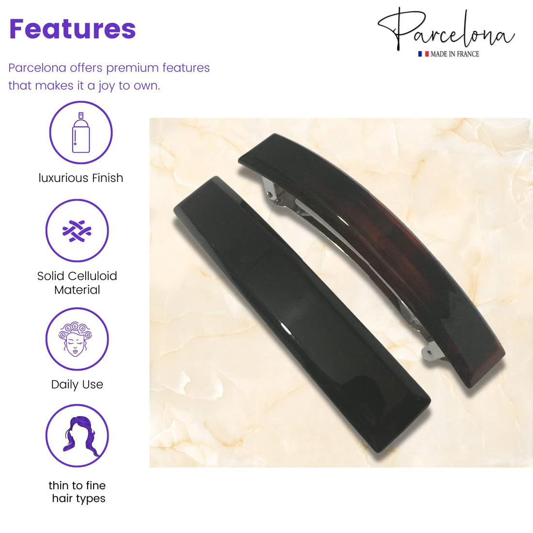 Parcelona French Large Bar Set of 2 Black N Shell Brown Celluloid Automatic Hair Clip Barrette