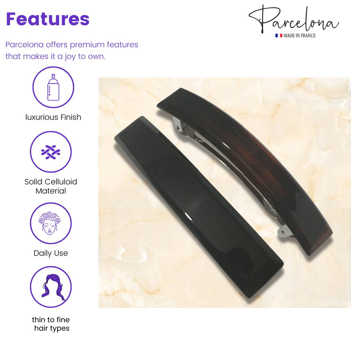 Parcelona French Large Bar Set of 2 Black N Shell Brown Celluloid Automatic Hair Clip Barrette