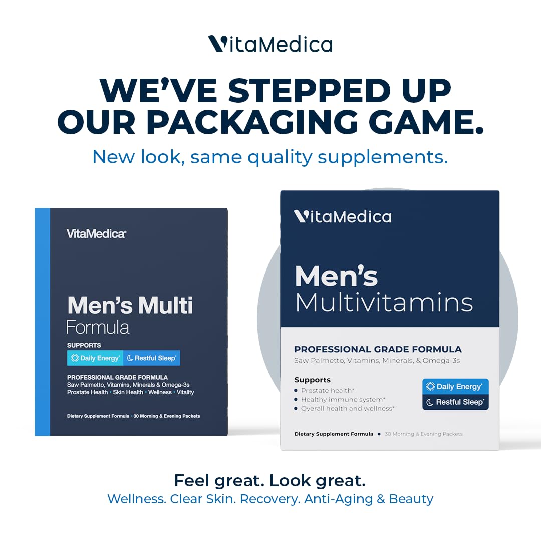 VitaMedica Men’s Multivitamin with Prostate Health Support | Vitamins, Minerals, Omega3s and Saw Palmetto | Box of 30 Easy Daily Packs | Supports Natural Energy and Sleep | Muscle, Joint Health