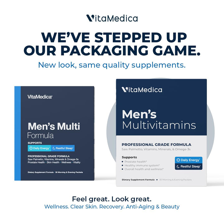 VitaMedica Men’s Multivitamin with Prostate Health Support | Vitamins, Minerals, Omega3s and Saw Palmetto | Box of 30 Easy Daily Packs | Supports Natural Energy and Sleep | Muscle, Joint Health