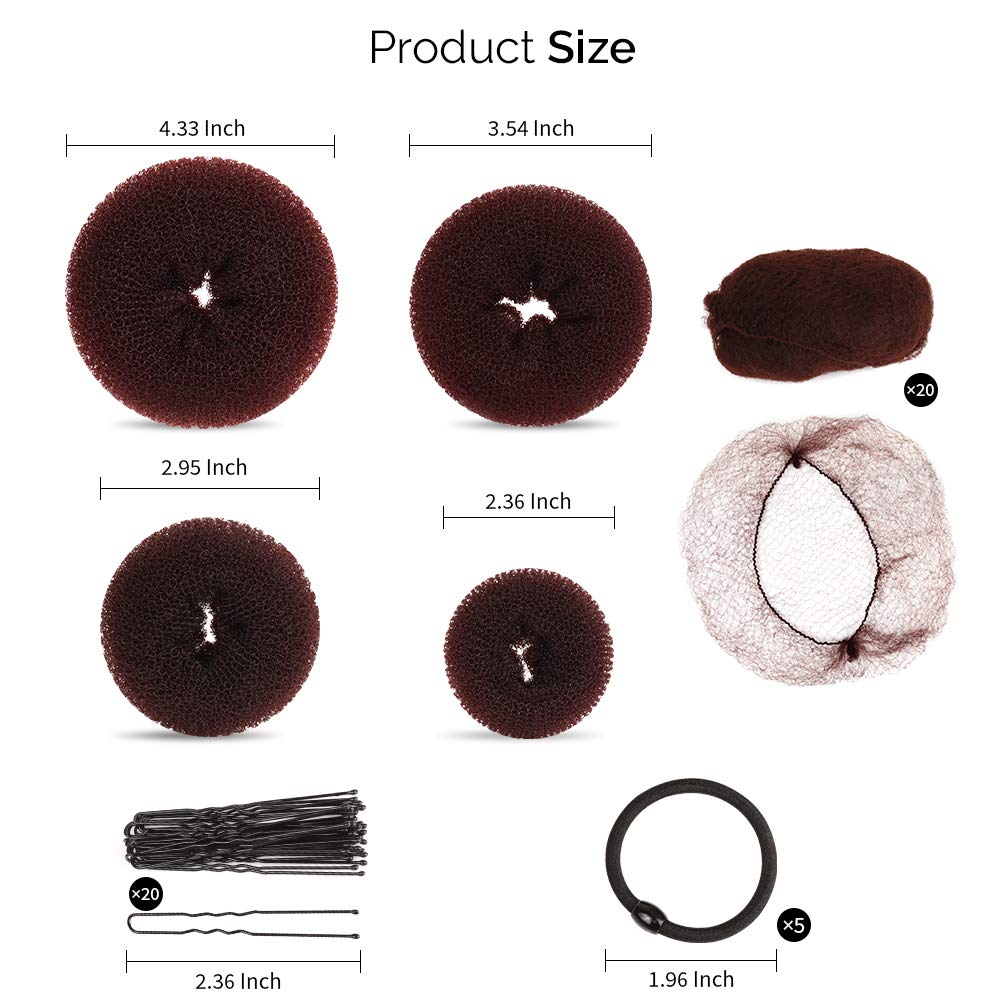 Hair Donut Bun Maker, FANDAMEI Girls Hair Styling kit with 20 Pieces Invisible Hair Nets for Bun, 4pcs Donut Bun Maker, 5 pieces Hair Elastic Bands, 20 pieces Hair Bobby Pin