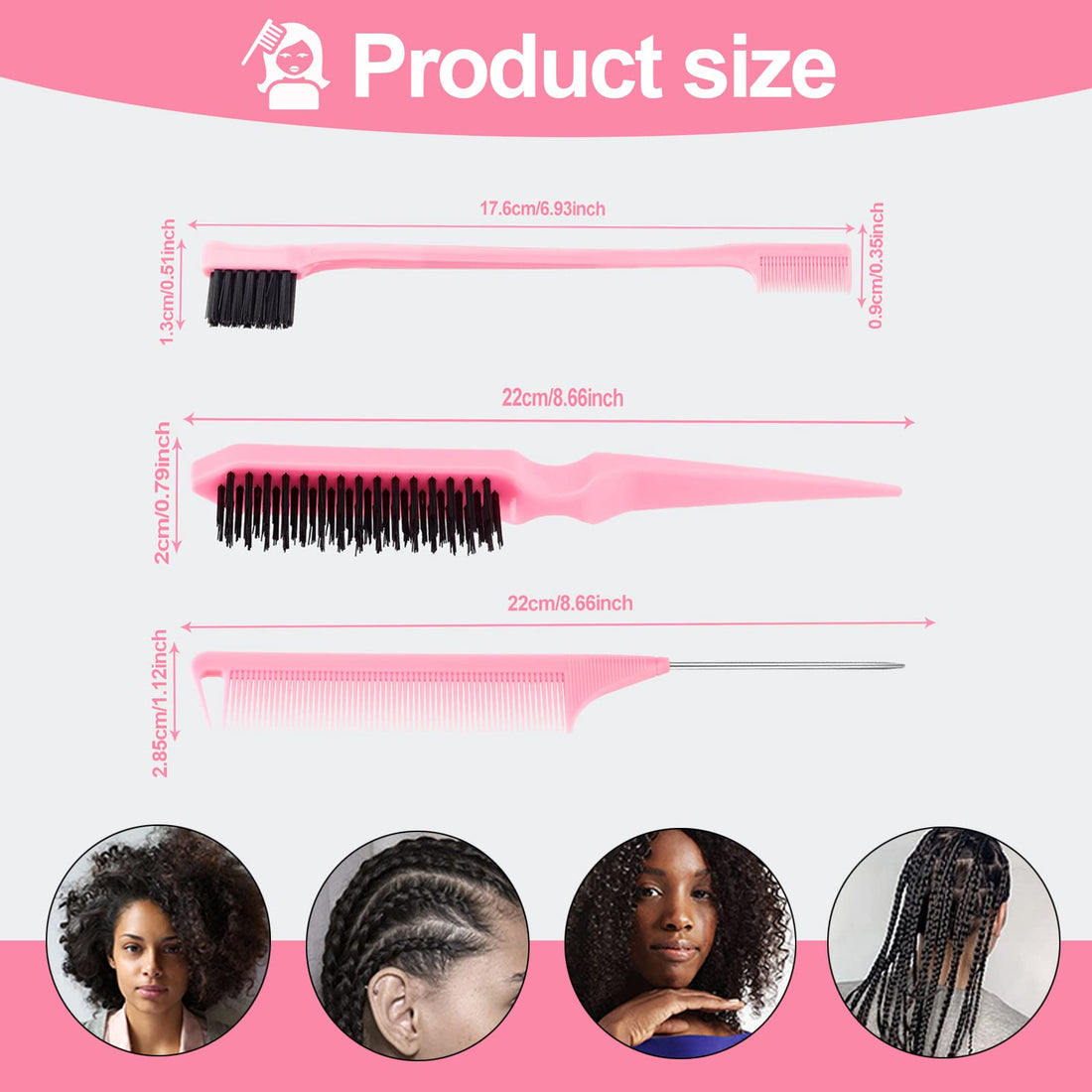 SWEET VIEW 3 Pcs Slick Back Hair Brush, Rat Tail Comb, Edge | Bristle Brush, Hair Accessories for Girls, Kids, Toddlers Sleek Ponytail/Bun, Edge Control and Smoothing Baby Hair & Flyaways
