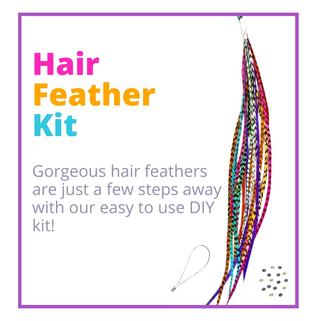 Feather Hair Extensions, 100% Real Rooster Feathers, Long Rainbow Colors, 20 Feathers with Bonus FREE Beads and Loop Tool Kit, By Feather Lily RAIN