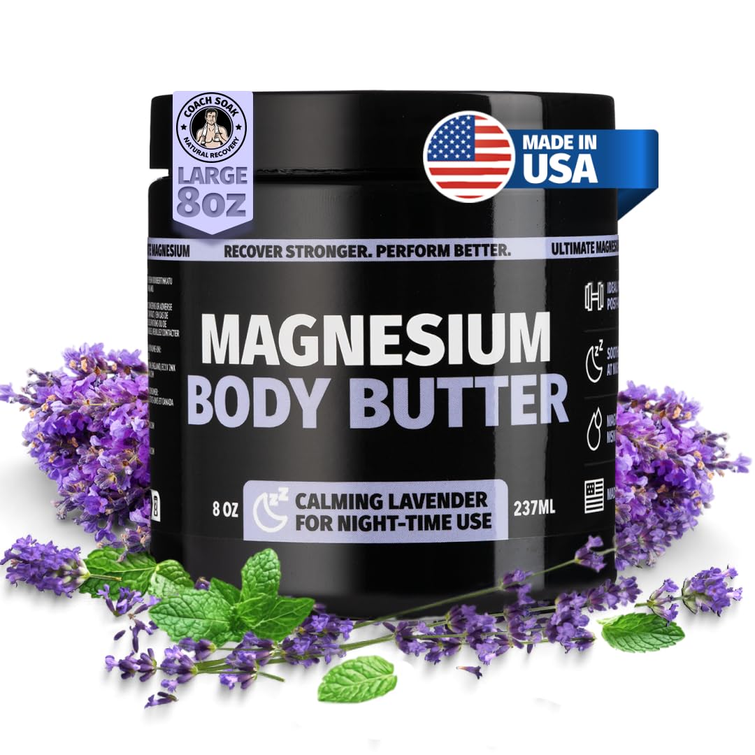 Coach Soak Nighttime Magnesium Body Butter, Thick Cream with High Magnesium Concentration, Soothes Muscles Overnight, Shea Butter, Almond Oil & Lavender, Large Size (8oz)