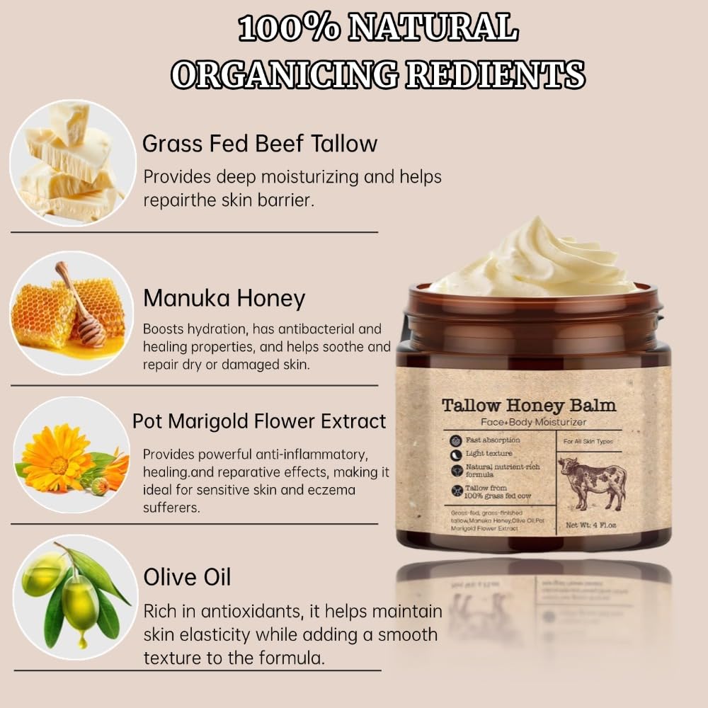 GAHQB Beef Tallow Honey Balm for Skin : Grass-Fed Beef Tallow Moisturizer For Face and Body, Tallow Cream with Manuka Honey Beeswax Olive Oil, 4 oz
