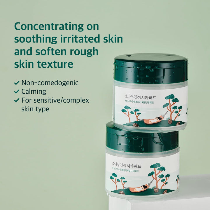 ROUND LAB Pine Calming Cica Pad 50pcs, 7cm Wide Cooling and Soothing Toner Pads with Pine Cica, BHA + LHA, and Hyaluronic Acid for Heated, Acne-Prone Skin, Multi-Zone Hydration, Korean Skincare