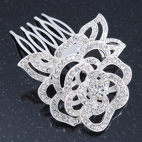 Bridal/Wedding/Prom/Party Rhodium Plated Clear Austrian Crystal Sculptured Rose Hair Comb - 55mm
