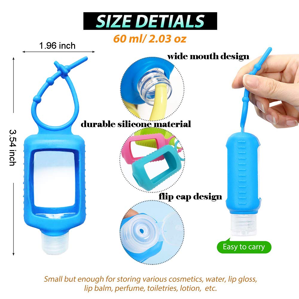 4 Pack Travel Size Plastic Clear Bottles w/Silicone Sleeve Refillable Empty Squeeze Containers Leakproof Flip Cap Keychain Bottles Hand Sanitizer Holder for Backpack Travel Outdoor (60ml/2oz) (A)