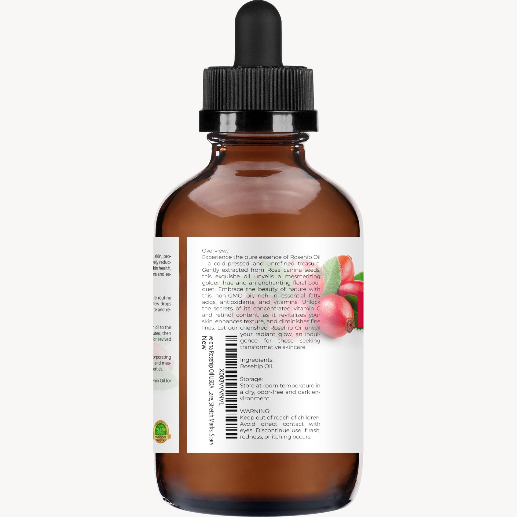 velona Rosehip Oil - 4 fl oz | 100% Pure and Natural Carrier Oil| Unrefined, Cold Pressed, Hexane Free | Moisturizing Face, Hair, Body, Skin Care, Stretch Marks, Scars…