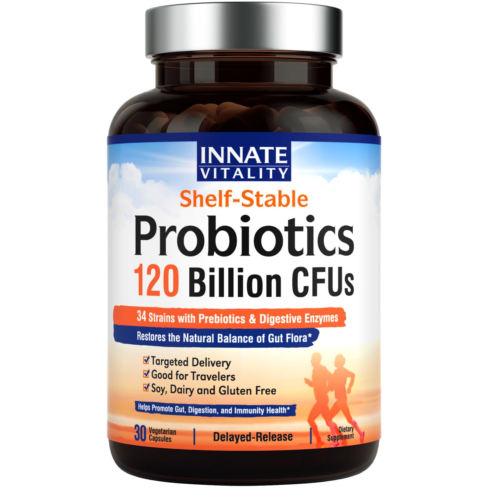Innate Vitality Probiotics 120 Billion CFUs for Men & Women, 34 Strains with Prebiotics & Digestive Enzymes, Immune & Digestive Health, Delayed Release, Shelf Stable, 30 Vegan Capsules