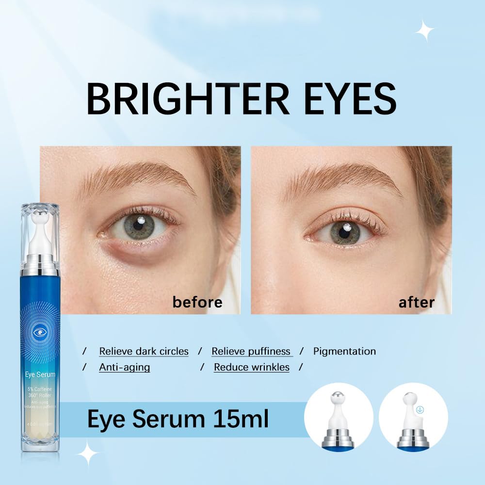 Paminify 5% Caffeine Eye Serum with 360° Massage Rollerball Topper,Caffeine Eye Cream for Dark Circles,Wrinkles,Puffiness and Fine Lines,Under Eye Roller Cream Eye Bags Treatment for Women and Men