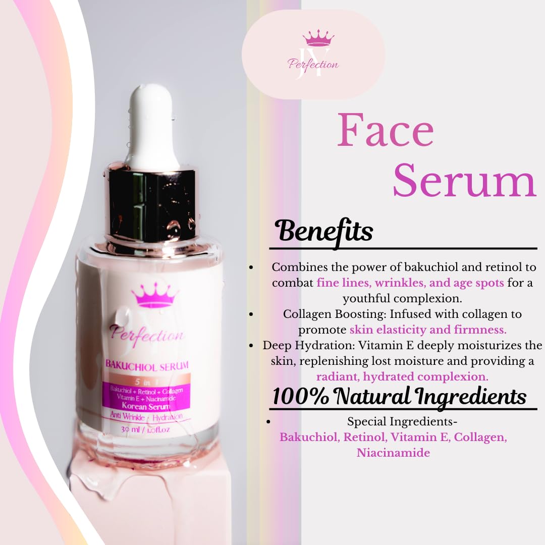 JY Perfection - Face Serum,Anti-Aging Serum, Reduces Fine Line and Wrinkles, Hydrates Skin, Bakuchiol, Retinol, Collagen, Vitamin E, Niacinamide, For All Skin Types,100% Natural Vegan 30mL / 1 oz