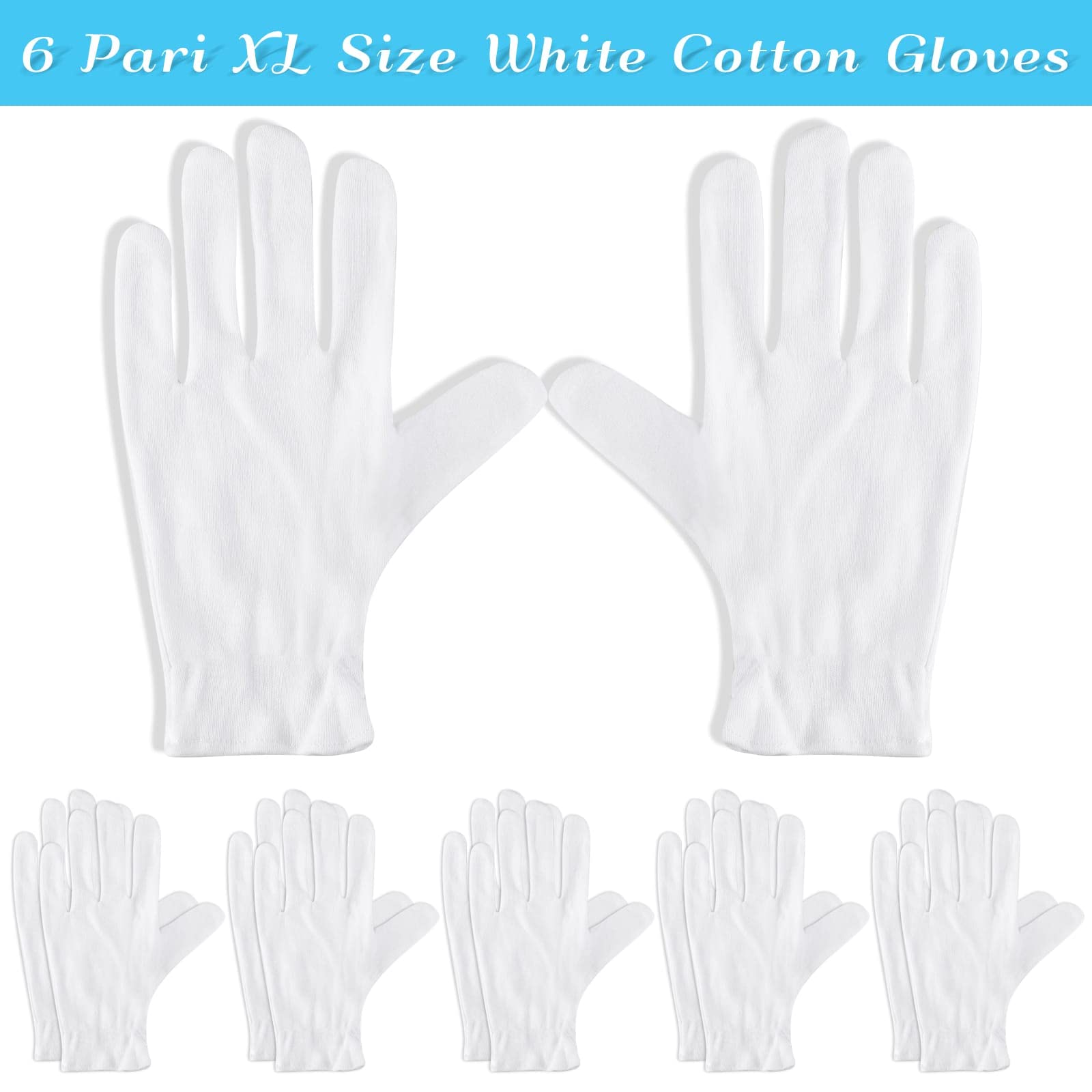 Paxcoo 6 Pairs XL White Cotton Gloves for Dry Hand Moisturizing Cosmetic Eczema Hand Spa and Jewelry Inspection