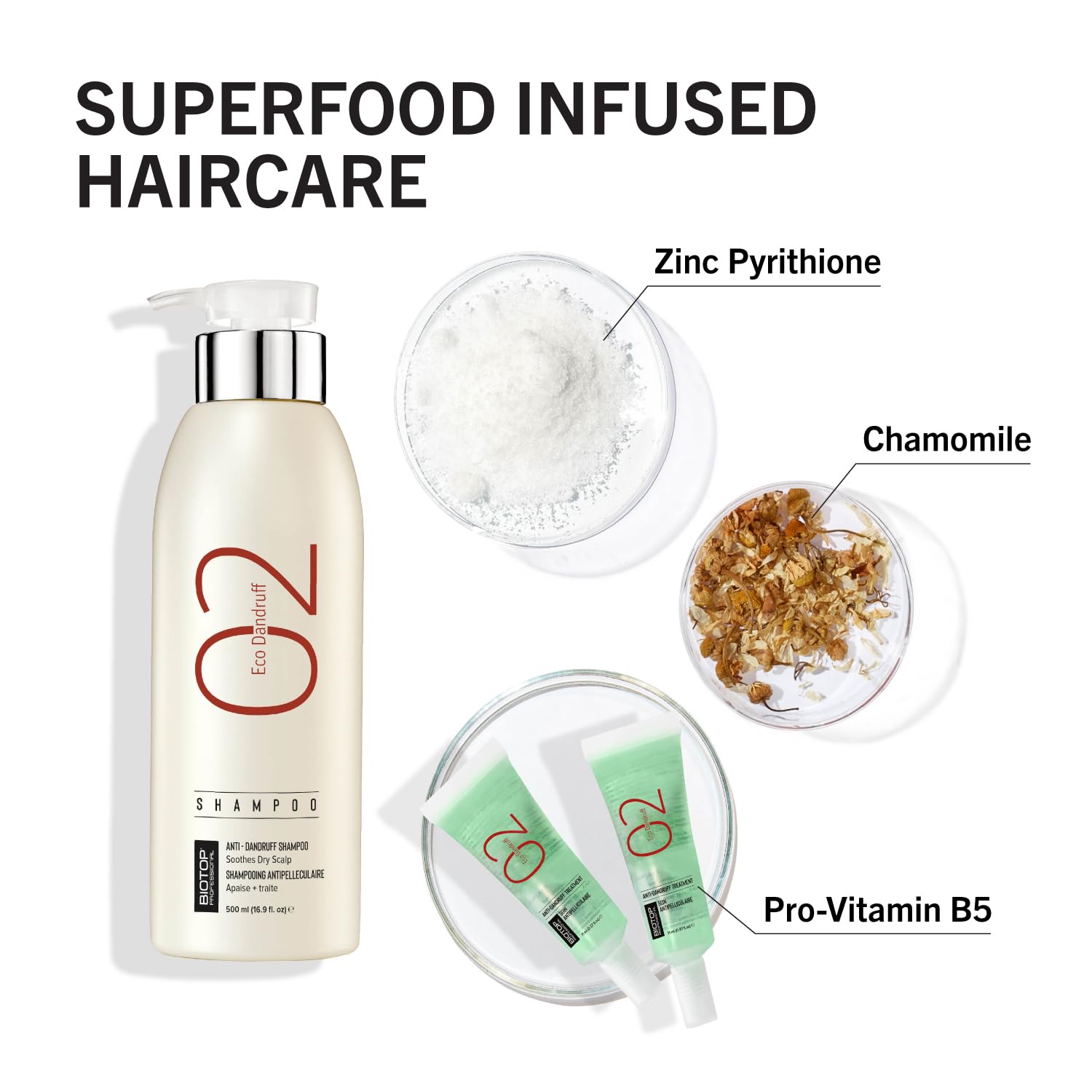 Biotop Professional 02 Eco Dandruff Shampoo - Dry Scalp Treatment & Hydrating Shampoo with Pro Vitamin B5, Zinc Pyrithione & Chamomile - Reduces Irritation and Prevents Future Dandruff (8.45oz)